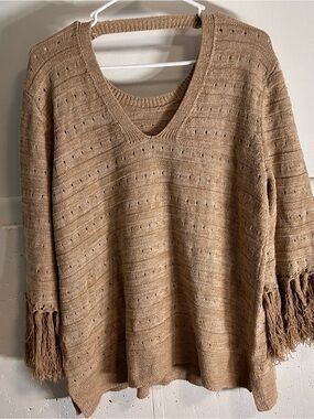 Women's V-Neck Fringe Sweater Tunic in Tan